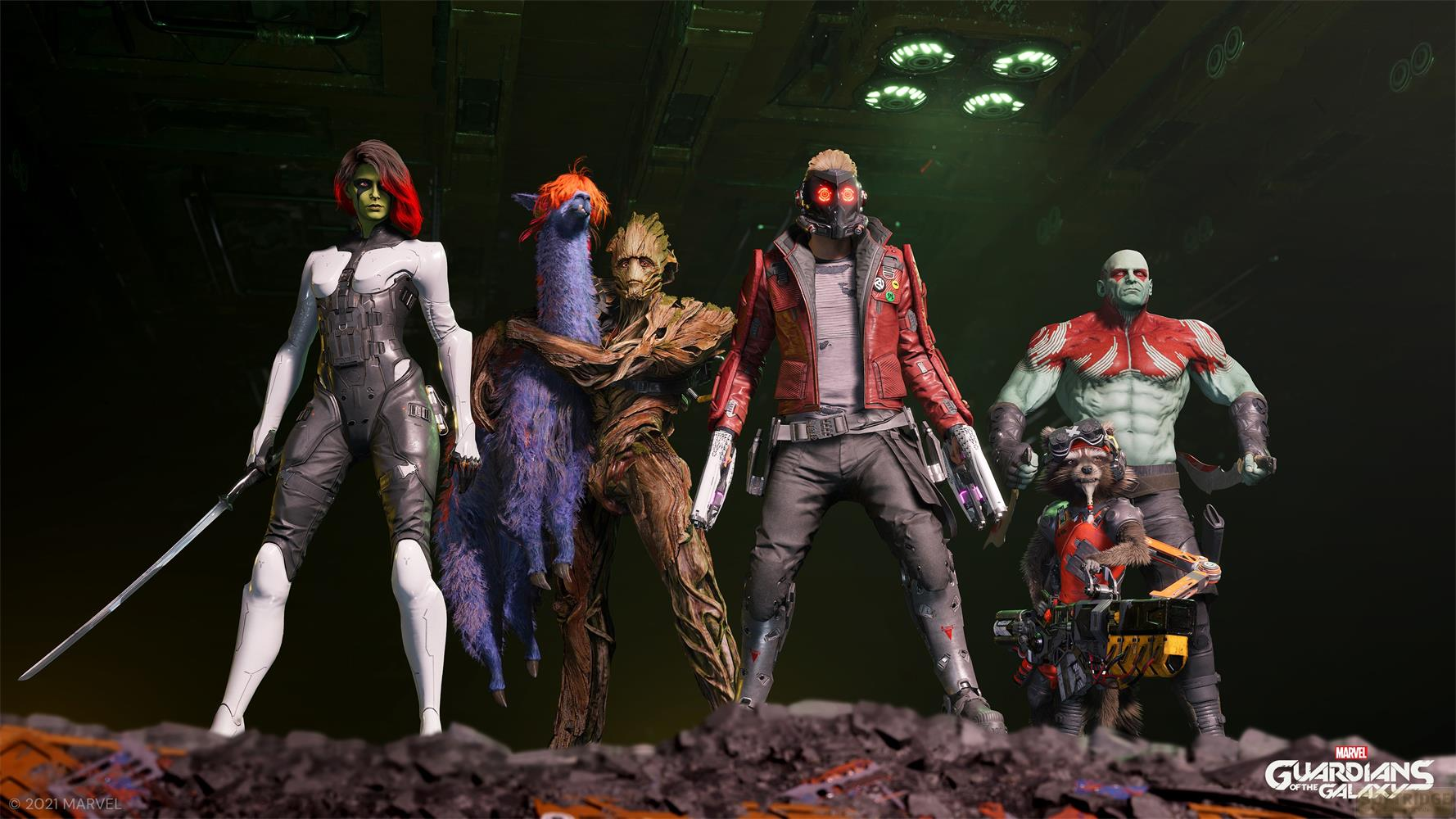 Cinq Gardiens de la Galaxie posent, menés par Star-Lord en rouge.