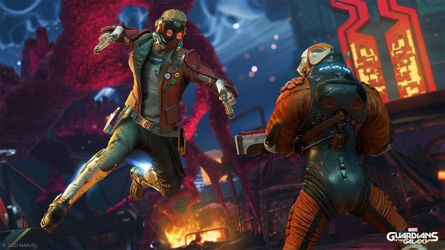 Star-Lord en rouge saute sur un ennemi en orange, flammes au premier plan.
