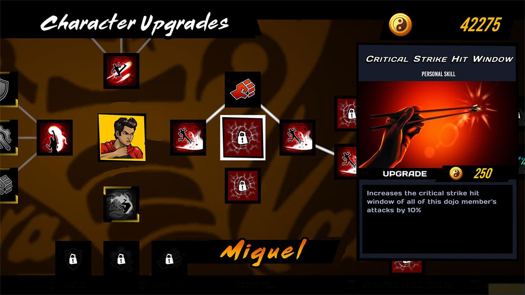 Charakter-Upgrade-Bildschirm mit Miguel und Fähigkeitenbaum. Rechts eine Fähigkeit.