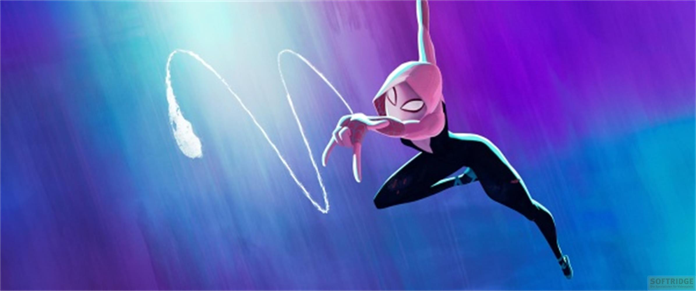 Spider-Gwen hängt an einem Netz, das sich durch einen blauen und violetten Himmel schlängelt.