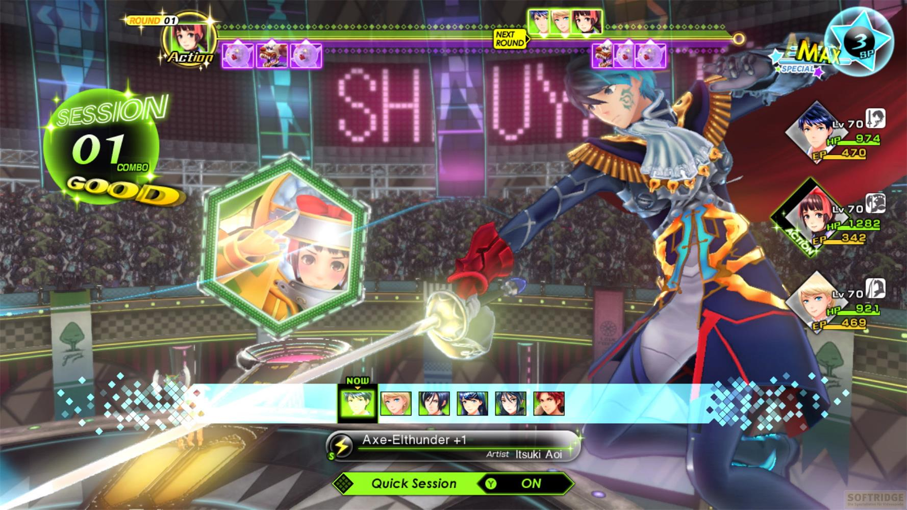 Giocatore in combattimento, personaggio con spada, display round, HUD nemico.