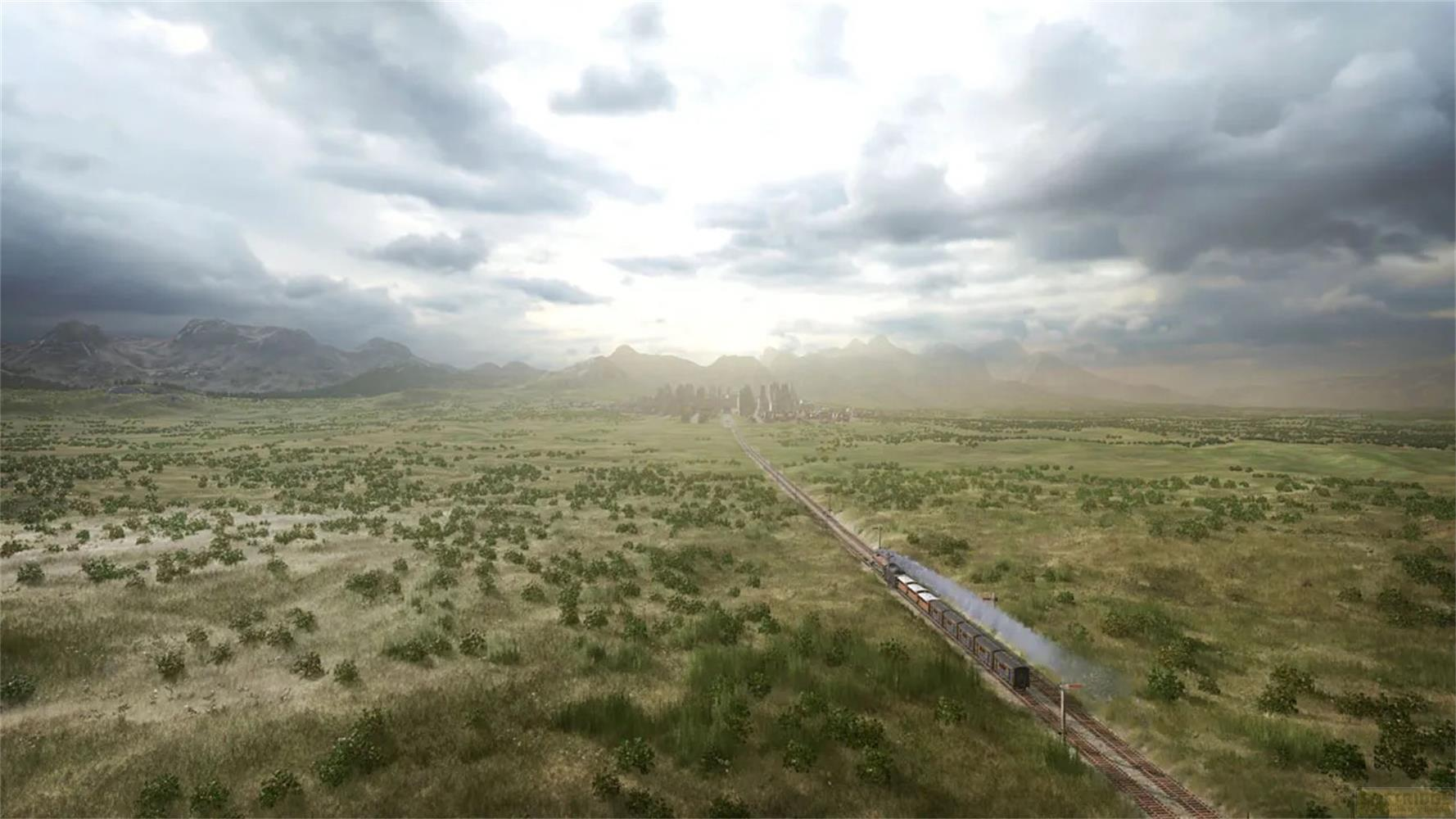 Ein Zug fährt durch eine weite Landschaft zu einer Stadt am Horizont.