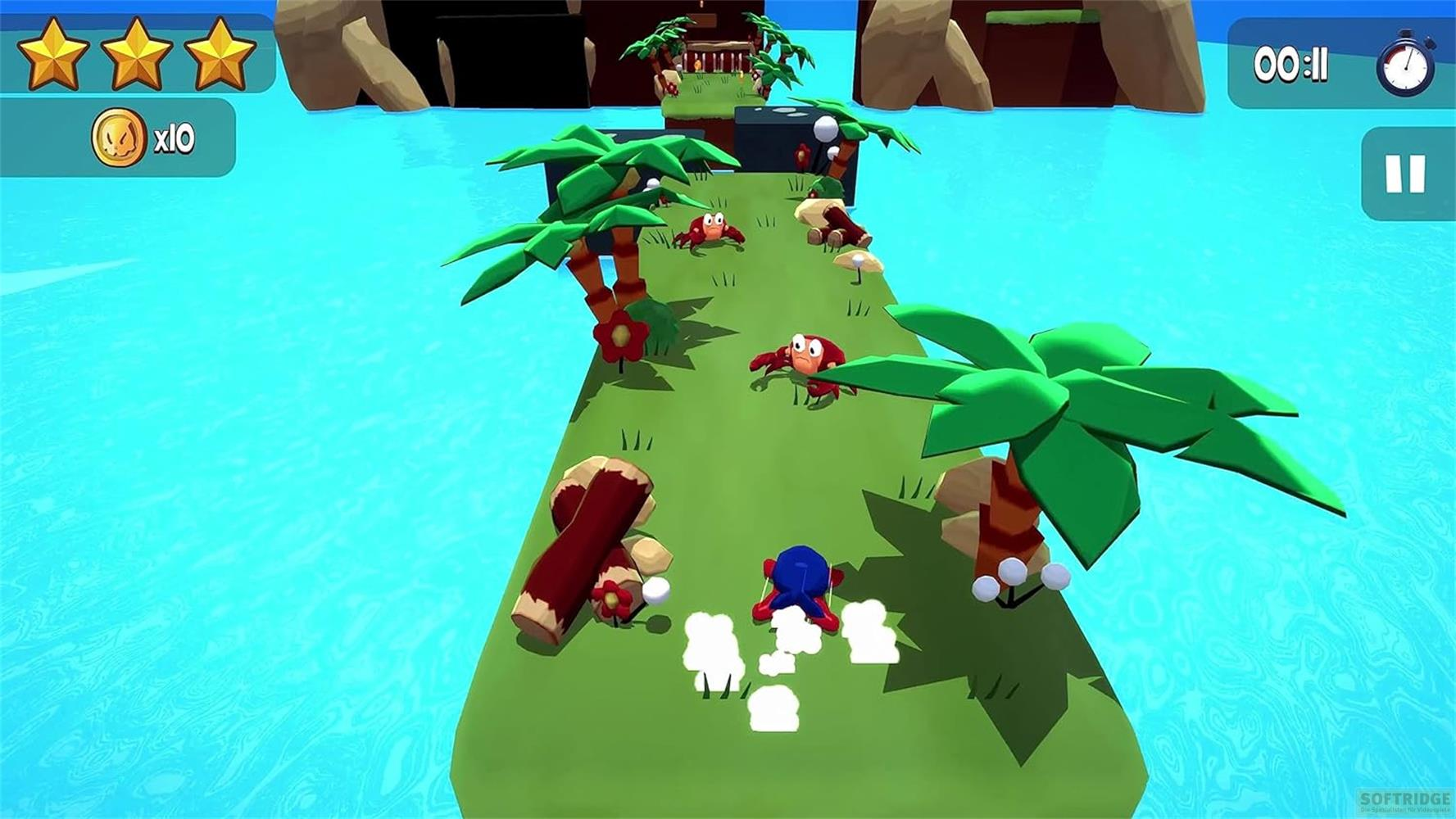 Eine 3D-Spielszene mit einer blauen Figur, die auf einem grünen Pfad läuft, umgeben von Wasser.