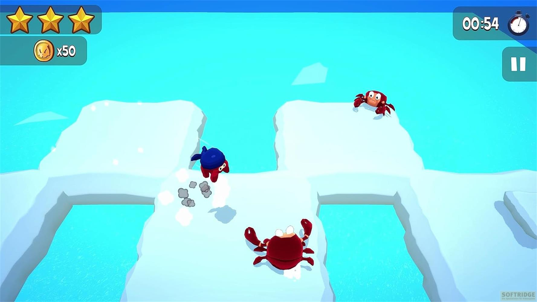 Ein blauer Charakter springt über Eis, während zwei rote Krabben auf Eisblöcken stehen.