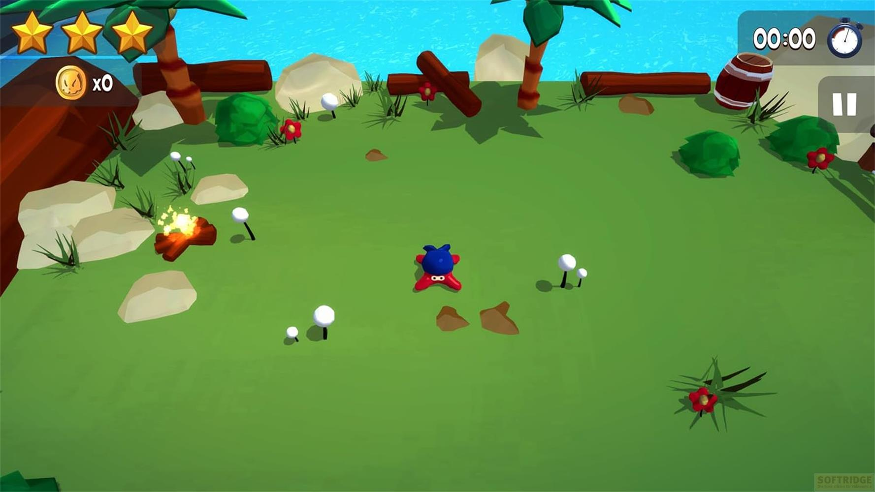 Ein blauer und roter Charakter liegt auf grünem Gras neben einem Lagerfeuer.