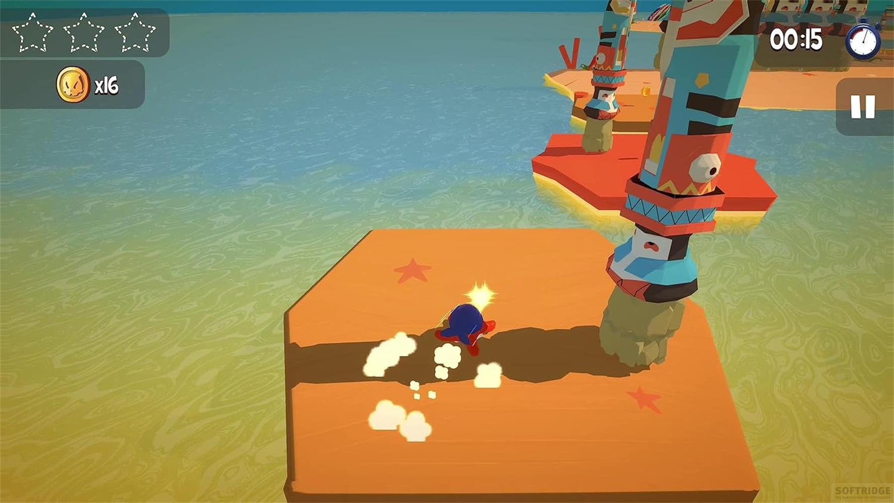 Ein blauer Charakter rennt auf einer orangefarbenen Plattform, umgeben von Wasser.
