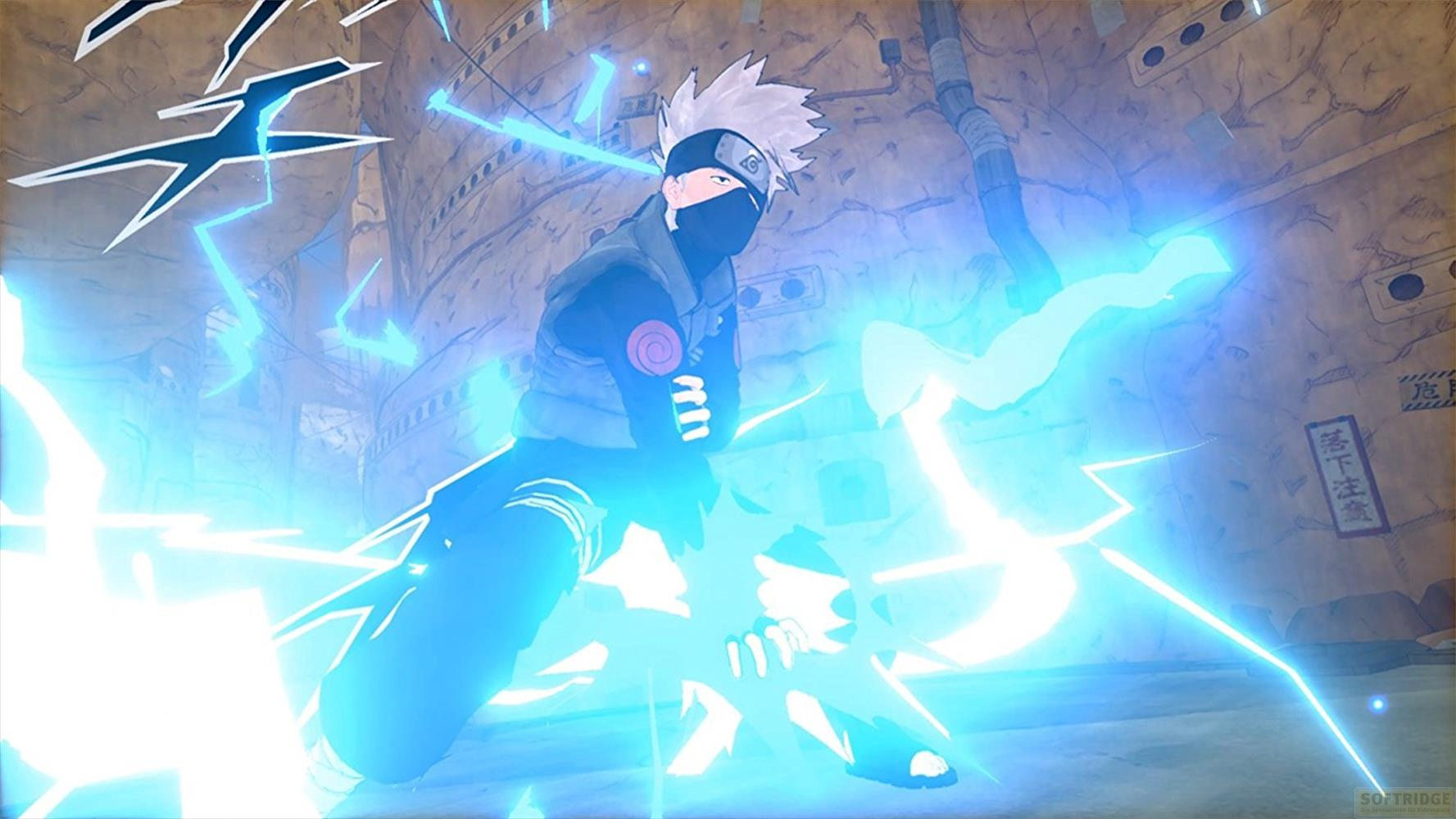 Kakashi mit weißem Haar, Maske und blauer Rüstung, umgeben von blauen Blitzen.