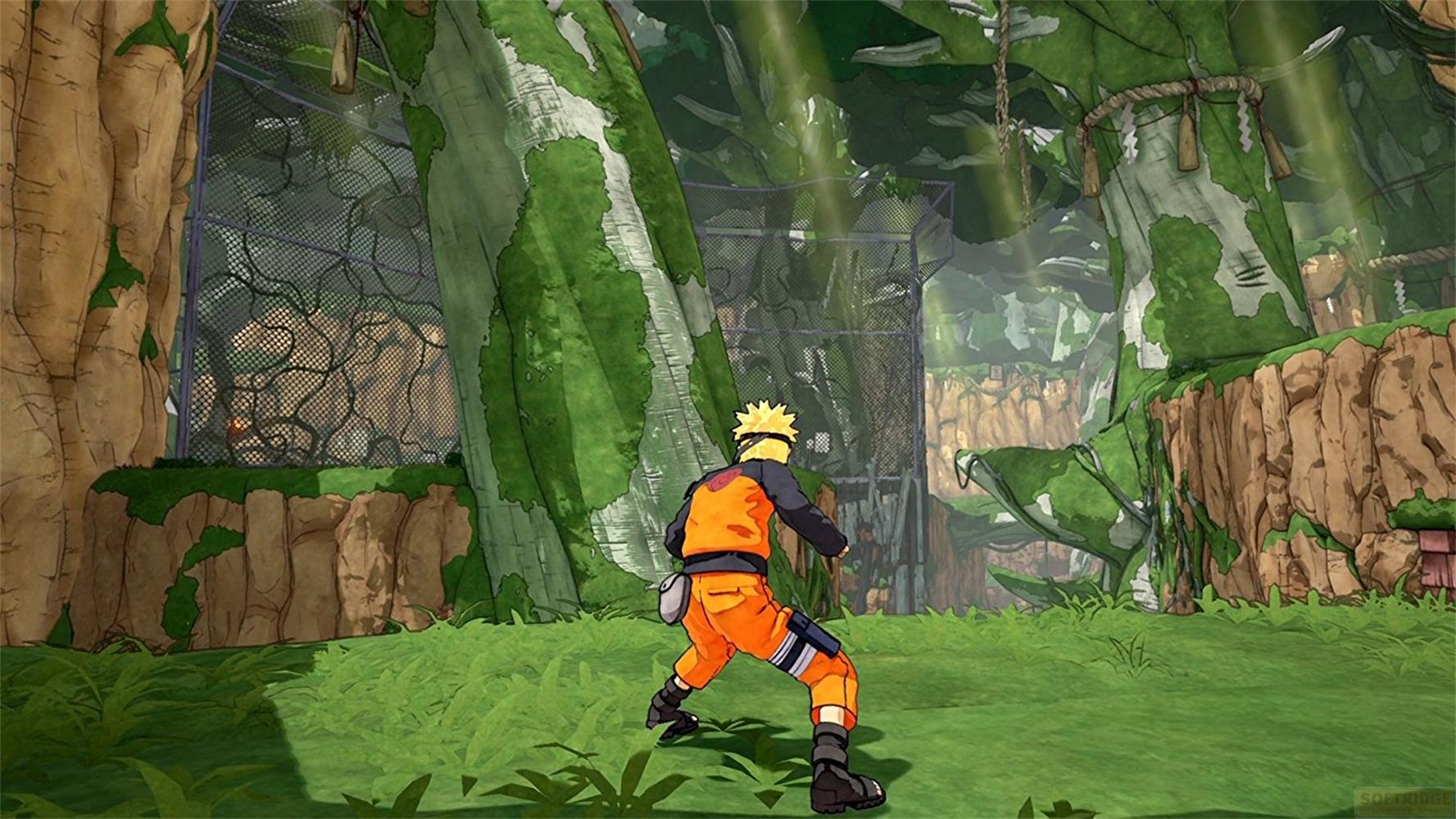 Naruto in orange und orange steht in einem Dschungel vor einem Drahtzaun.