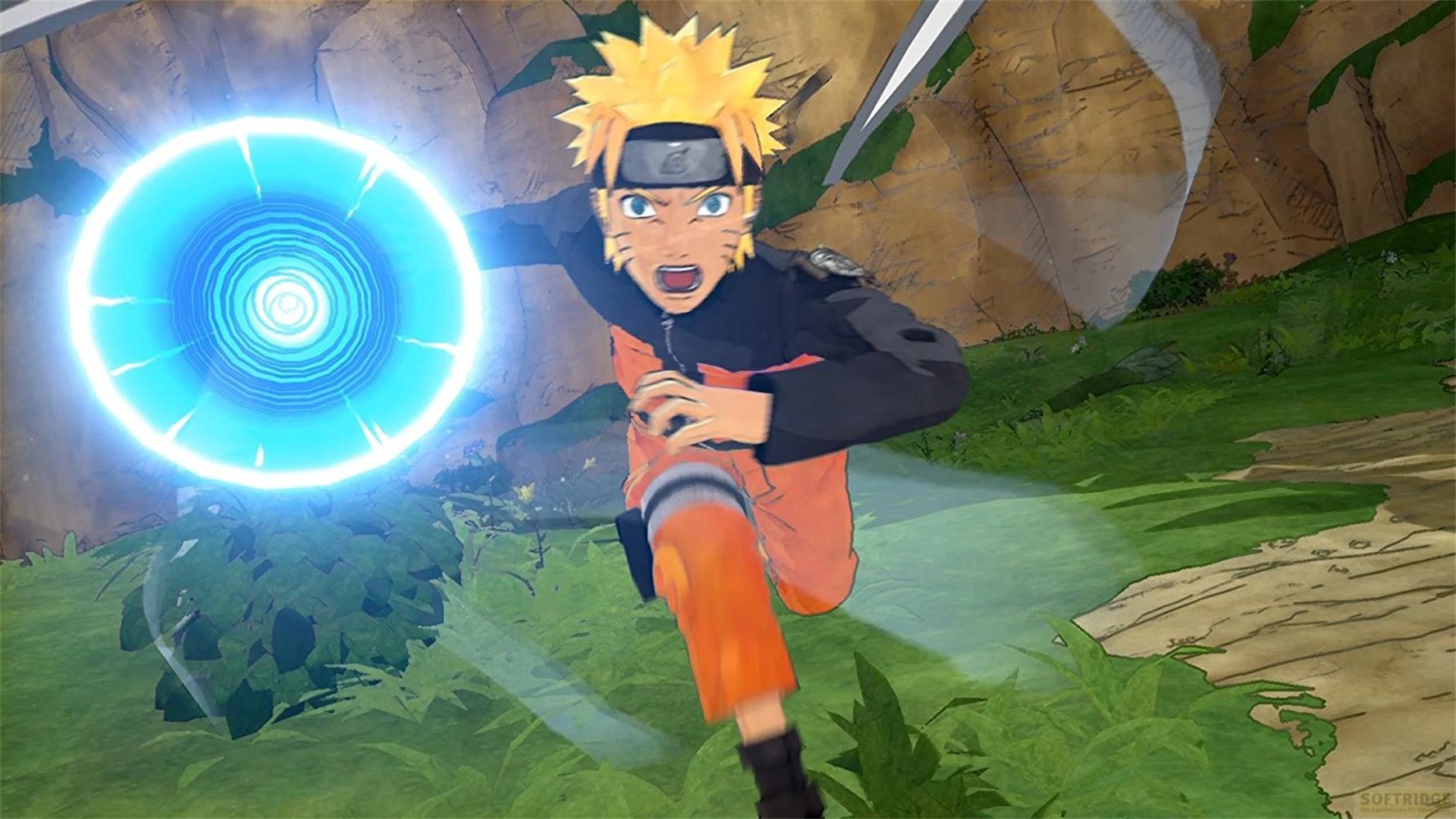 Naruto mit einem blauen Energiekreis rennt durch eine grüne Landschaft.