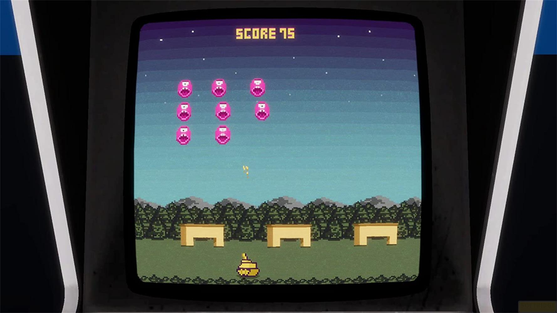 Jeu pixel art : des monstres aliens volent, un tank tire.