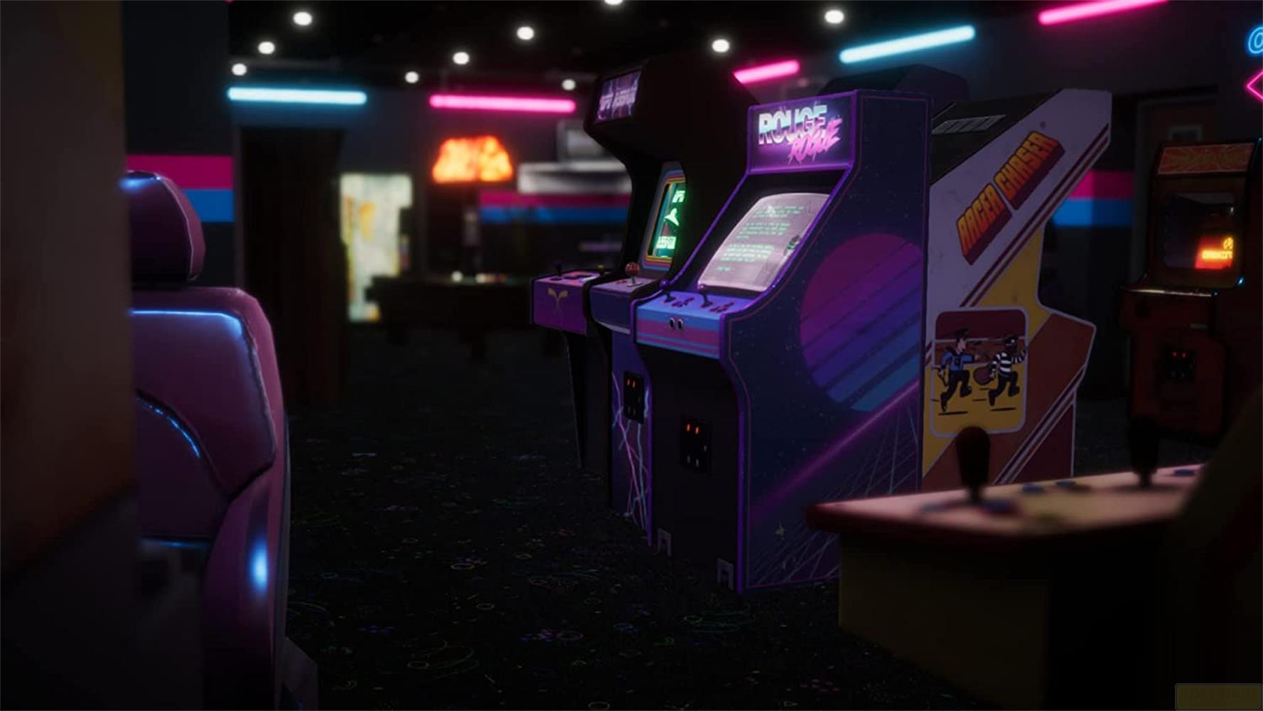 Lumières néon dans une salle d'arcade avec jeux et sièges.