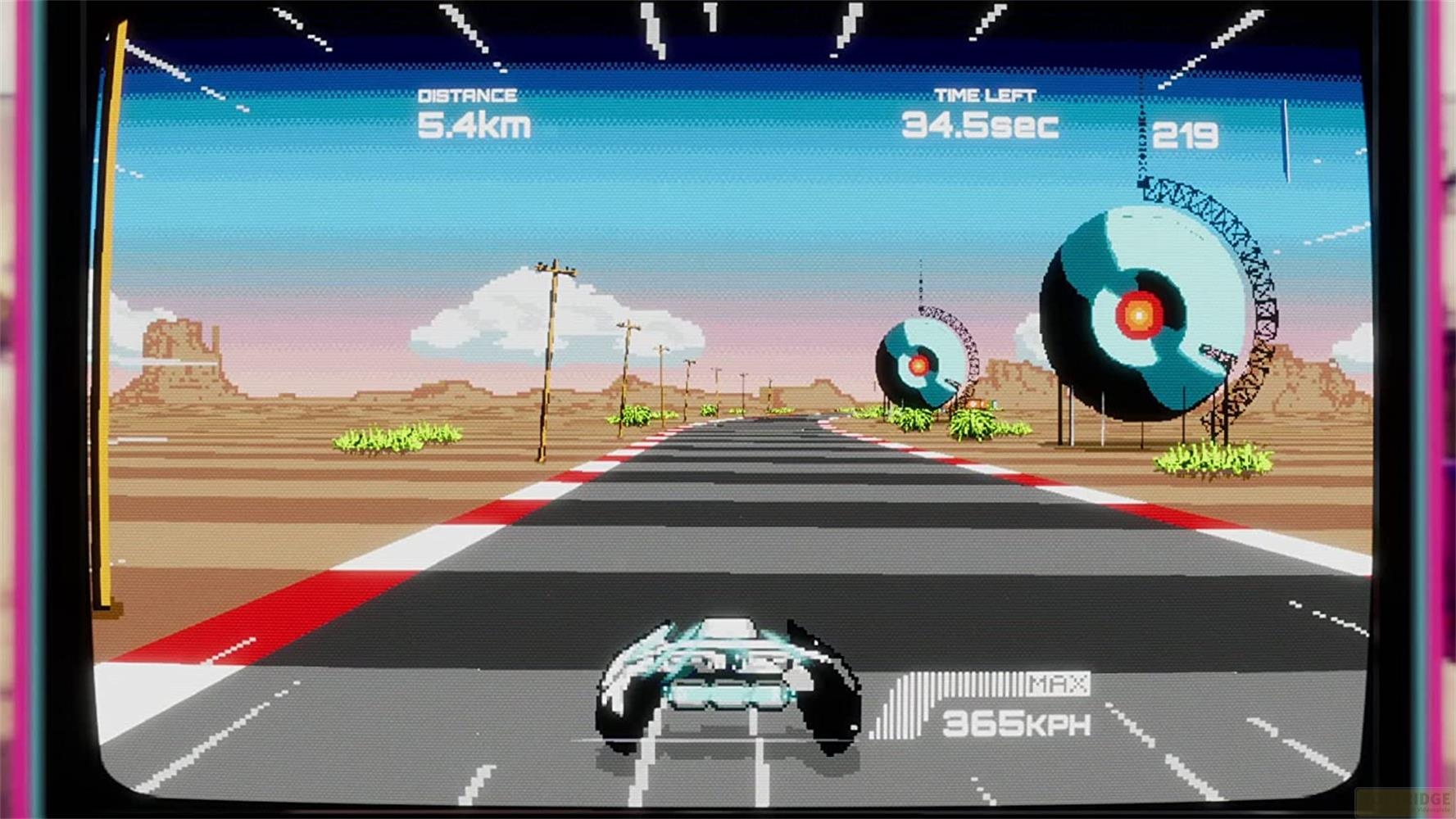 Une voiture futuriste court sur une piste de désert pixellisée.