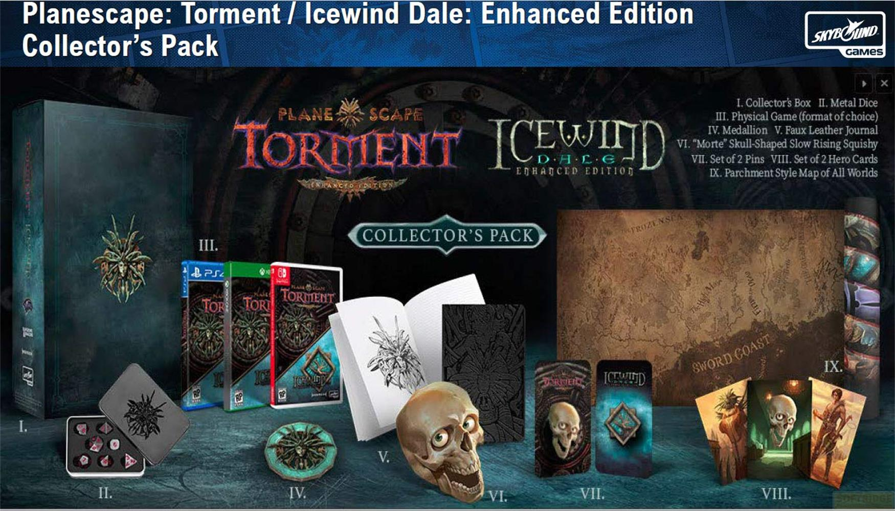 Collector's Pack mit Spielen, Würfeln, Medaillon, Journal, Squishy, Pins, Karten und Karte.