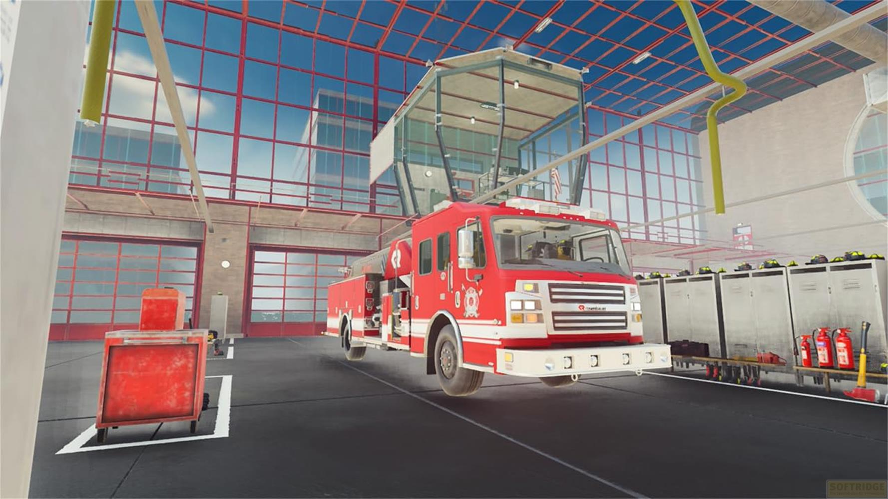 Ein rotes Feuerwehrauto steht in einer Feuerwache mit Glasdach und roten Rahmen.
