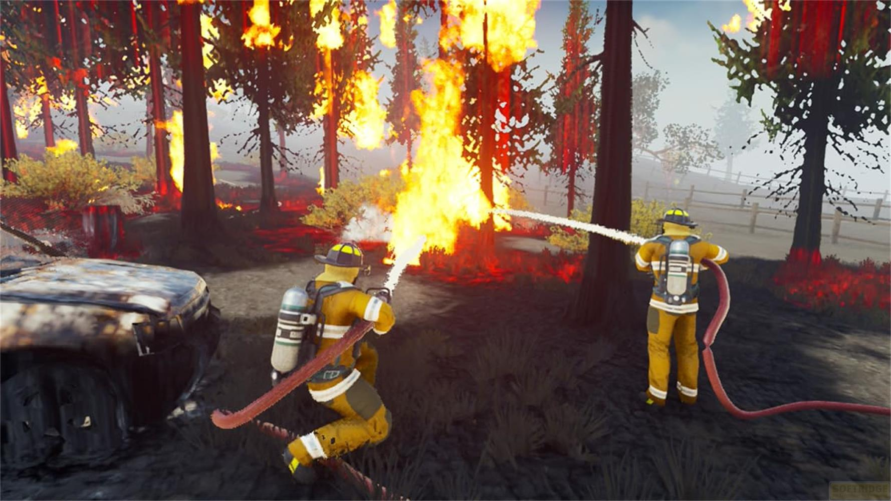 Feuerwehrleute löschen Waldbrand neben ausgebranntem Auto.