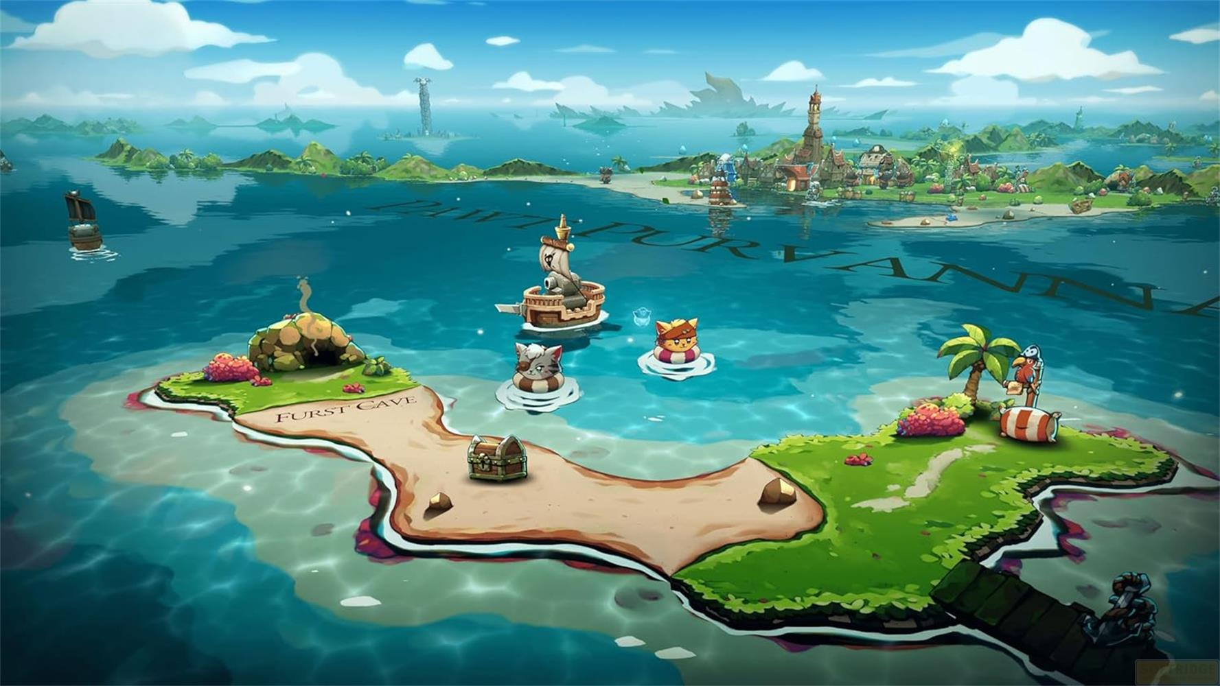 Eine Cartoon-Inselkarte mit Charakteren auf dem Wasser und Gebäuden im Hintergrund.