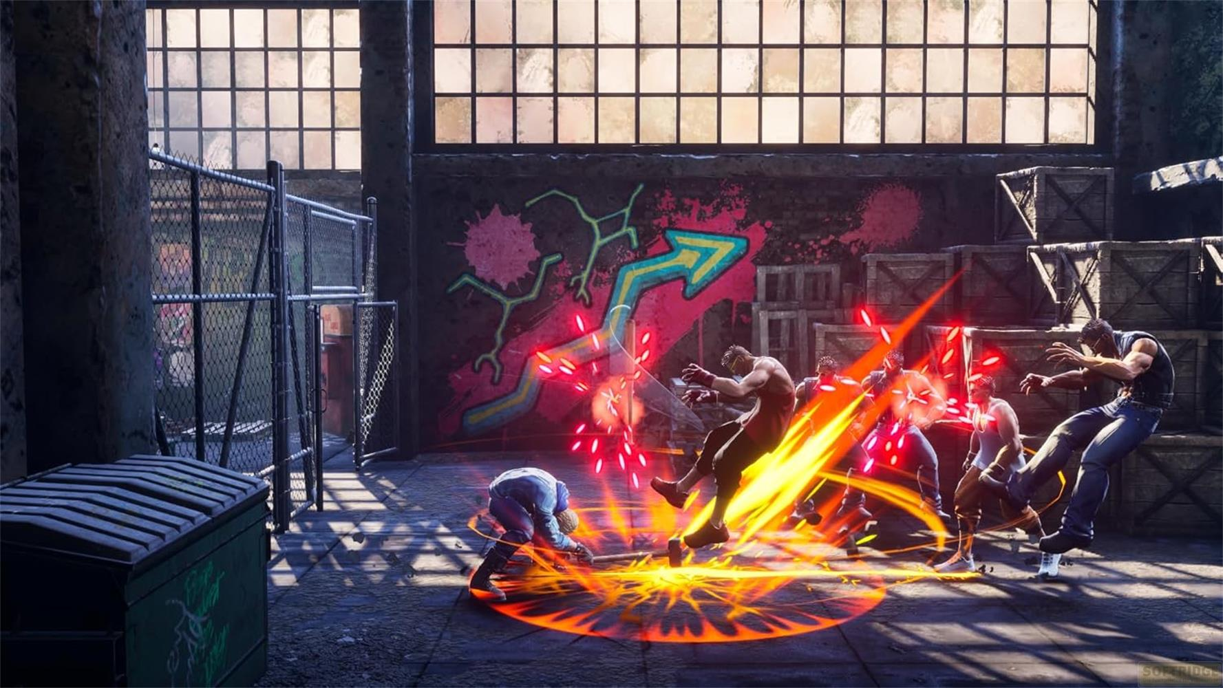 Uomini combattono in un cortile grintoso con graffiti e casse.