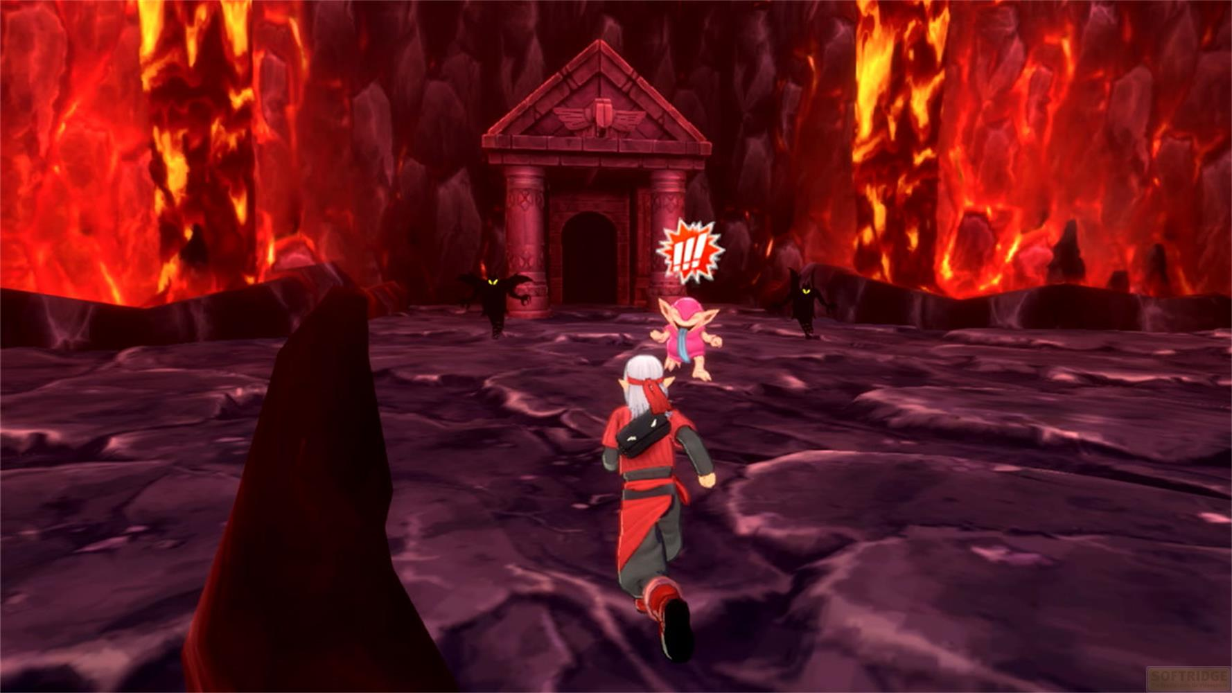 Ein Charakter in Rot rennt auf eine kleine Kreatur zu, im Hintergrund ein Tempel.