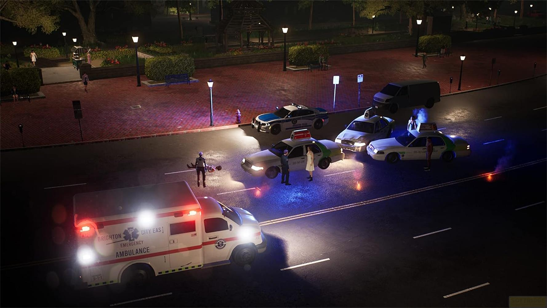Nachts ist eine Ambulance, Polizeiautos und Taxis auf einer Straße zu sehen.