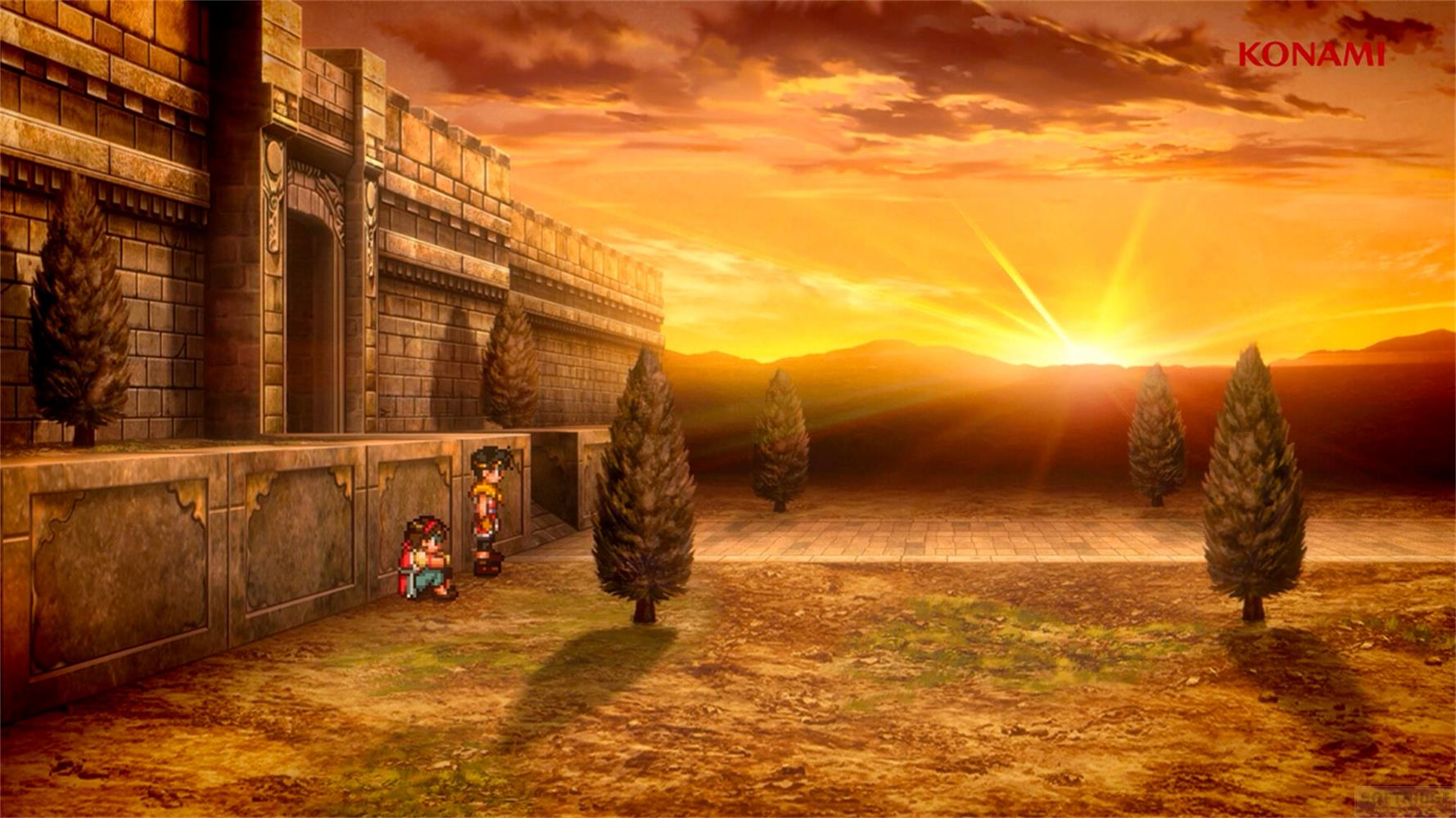 Zwei Pixel-Charaktere vor einer Burgmauer bei Sonnenuntergang.