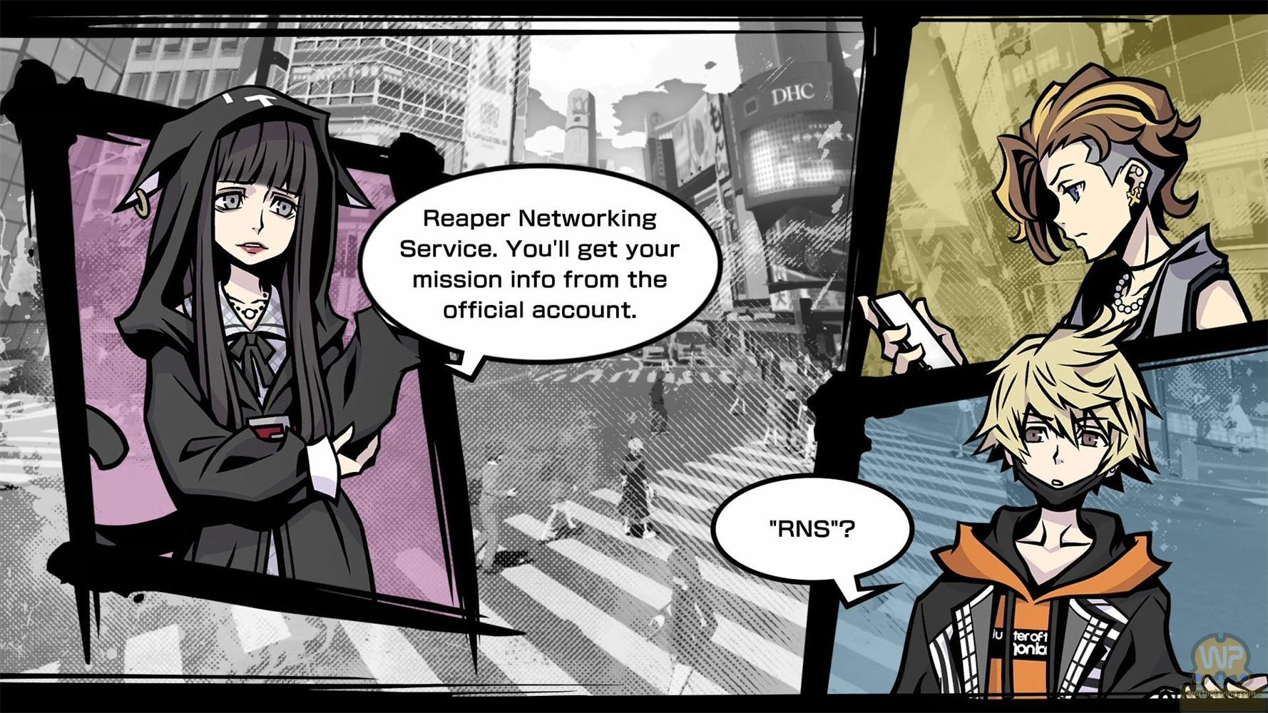 Anime-Charaktere im Gespräch vor städtischer Kulisse. Eine spricht über den Reaper Networking Service.