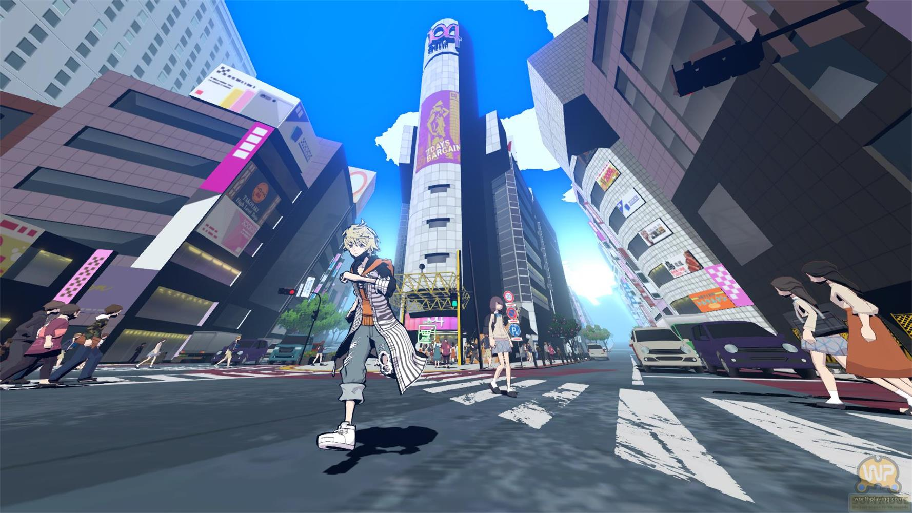 Anime-Stil Stadt mit Menschen, die auf einer Straße gehen, und einem hohen Turm.
