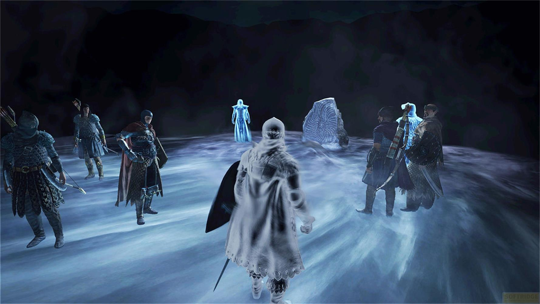 Grupa wojowników stoi na lodowym podłożu przed ciemną jaskinią.