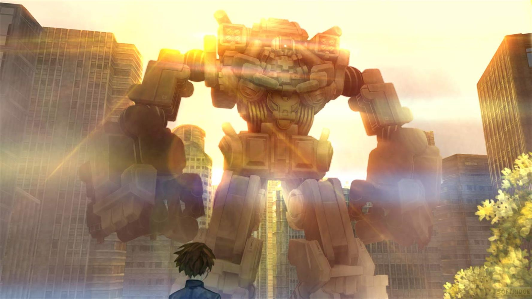 Ein riesiger Mech steht in einer Stadt bei Sonnenuntergang. Ein Mann blickt auf.
