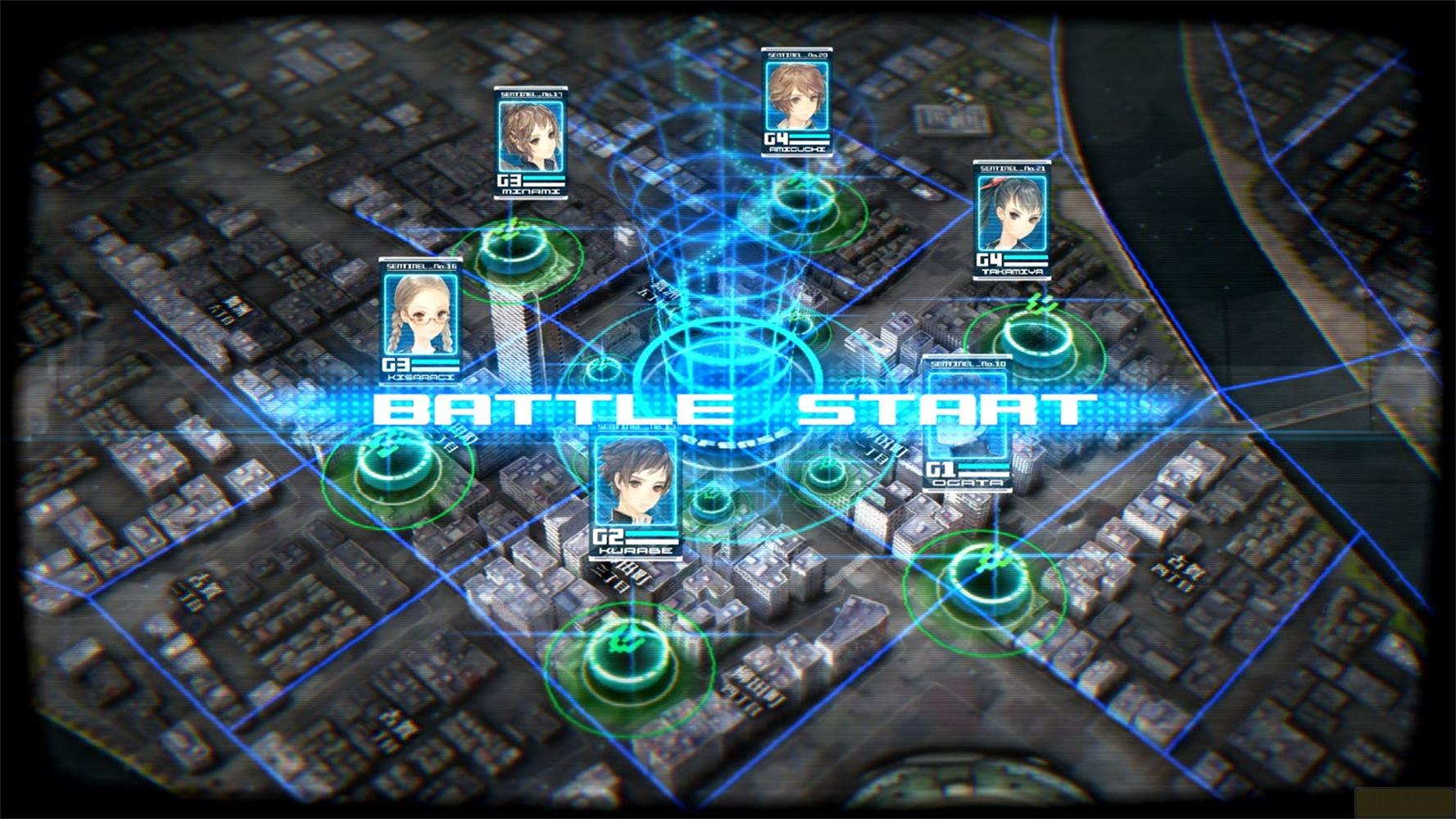 Eine strategische Karte zeigt Stadtblöcke mit Avatar-Porträts und leuchtenden Kreisen.