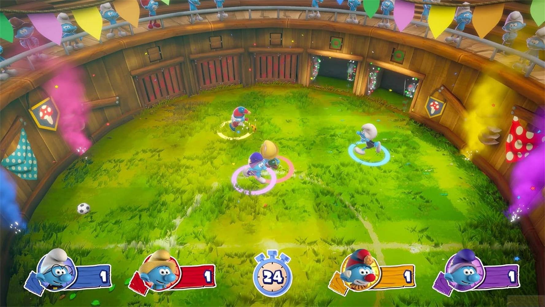 Schlümpfe spielen Fußball in einem Stadion mit buntem Rauch und Fahnen.