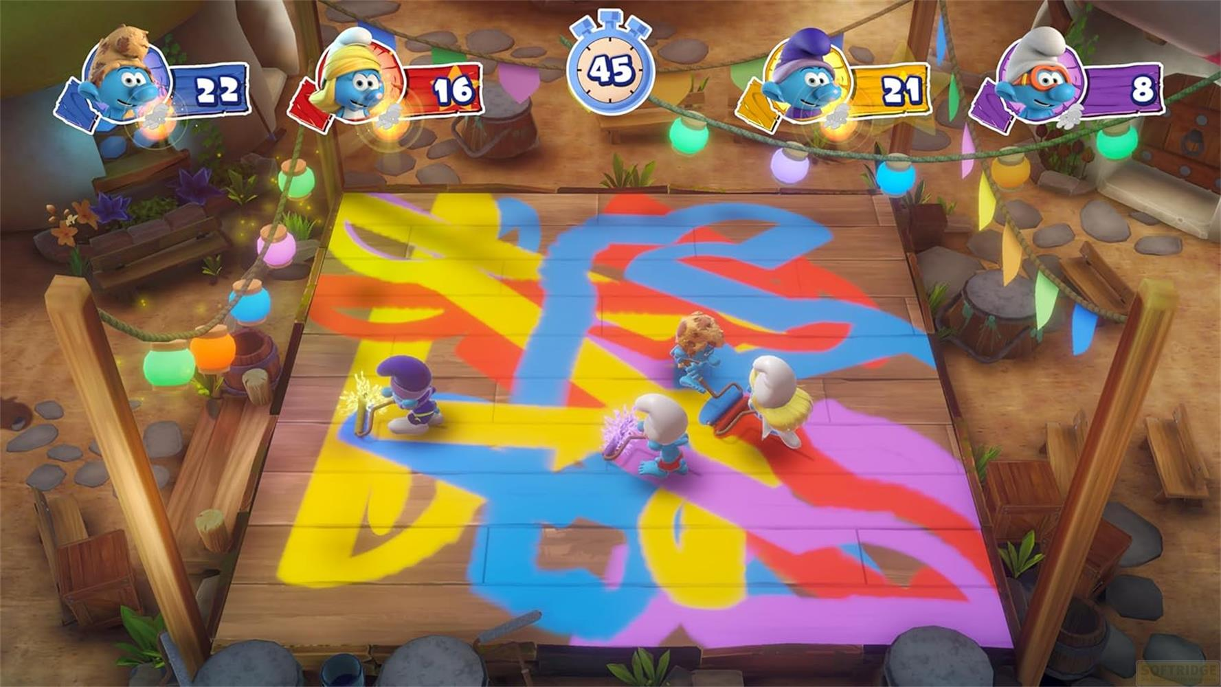 Smurfe malen auf einer Holzplattform mit bunten Farben. Oben sind Punkte und Timer.