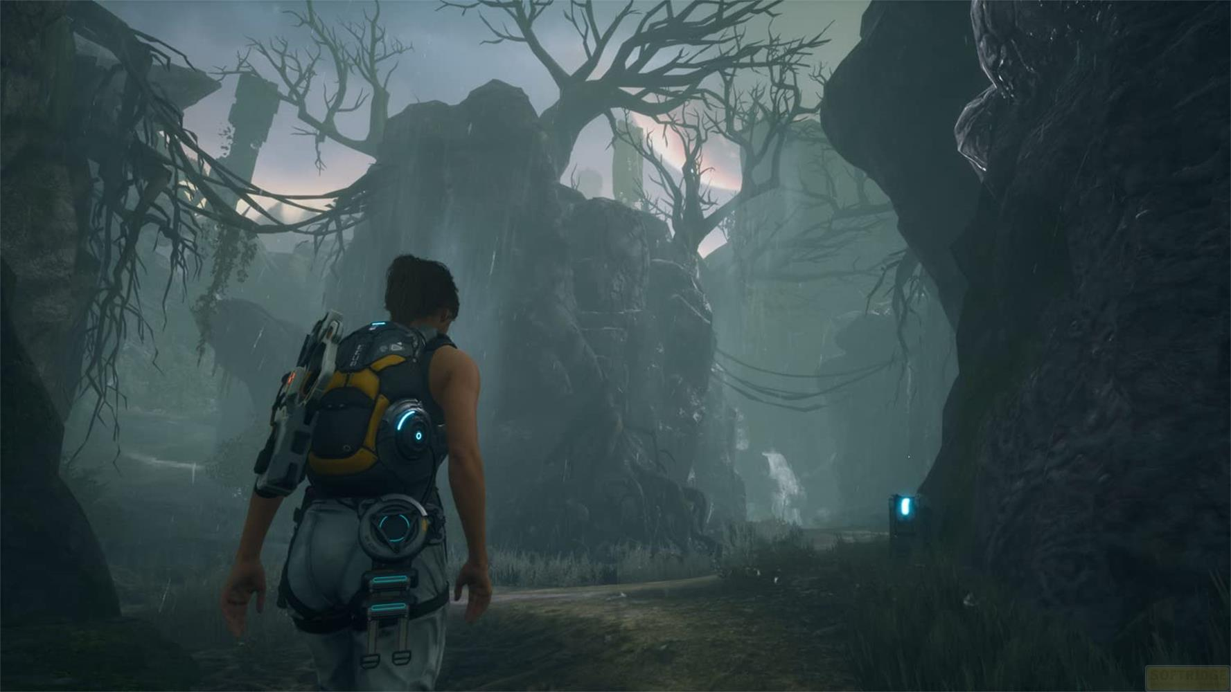 Eine Person mit Rucksack geht durch eine neblige Landschaft mit kahlen Bäumen.