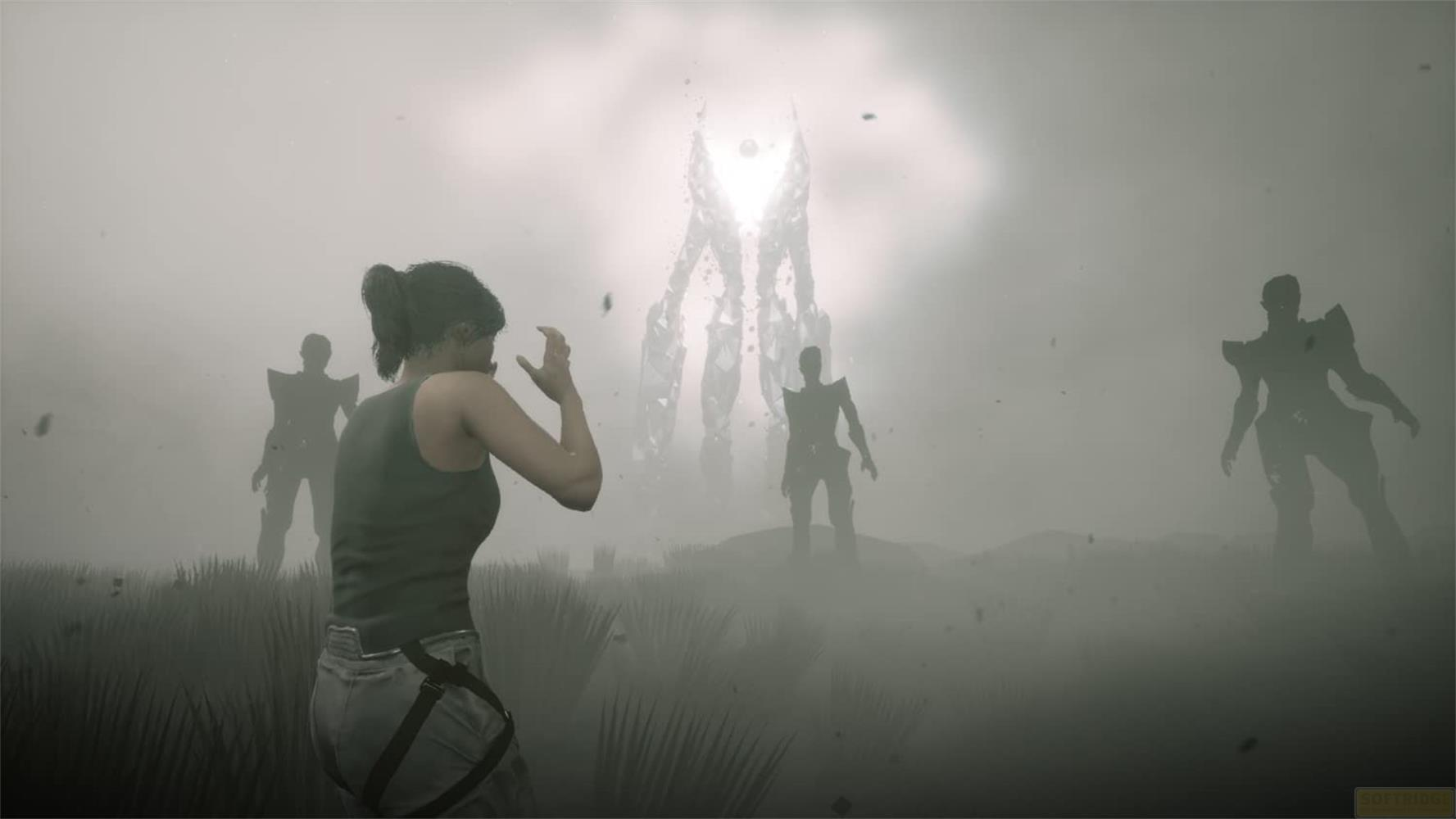 Eine Frau vor feindlichen Silhouetten und einer riesigen Kreatur im Nebel.