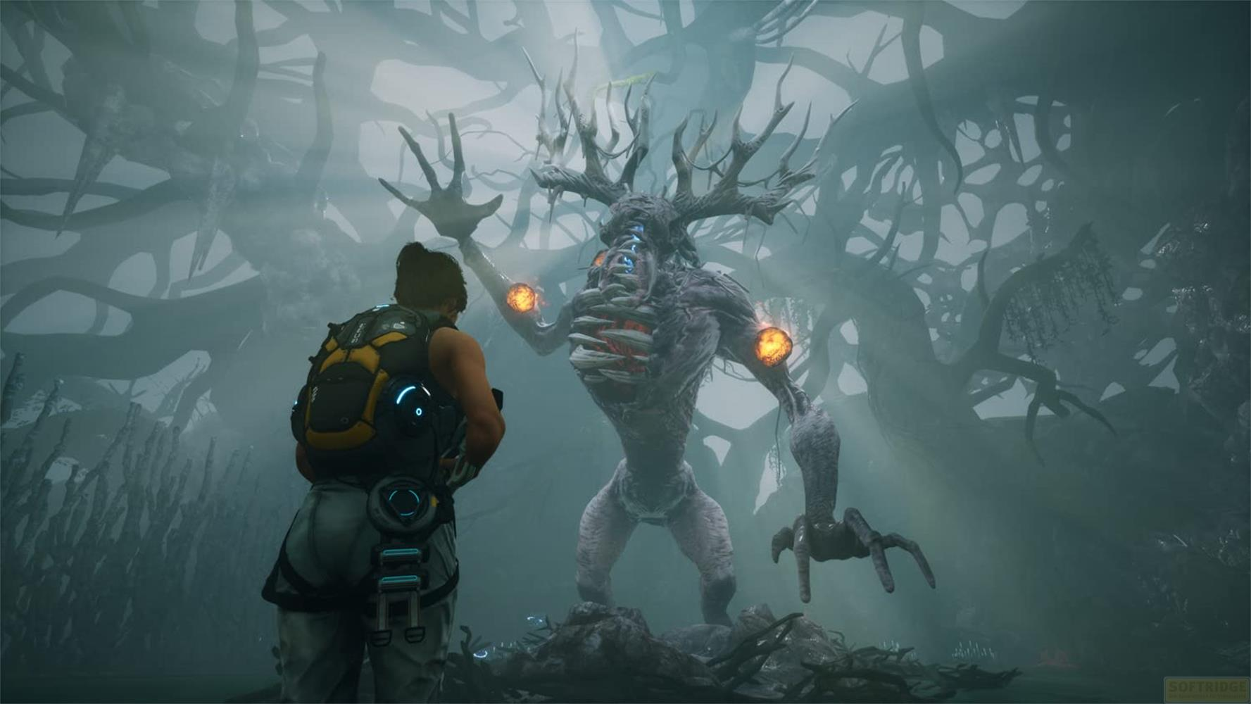 Ein Mann mit Rucksack steht einem monsterartigen Wesen mit Geweih gegenüber.