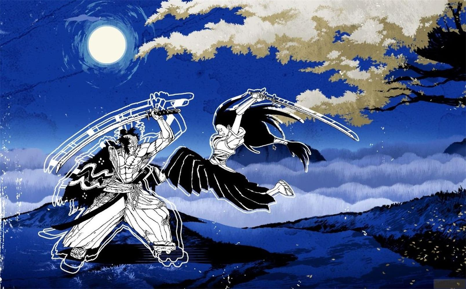 Zwei Samurai kämpfen bei Mondschein mit Schwertern, umgeben von Wolken und Hügeln.