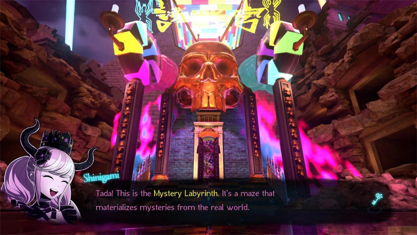 Ein animeartiges Mädchen mit Hörnern steht vor einem gruseligen Labyrinth mit Totenkopf-Motiv.