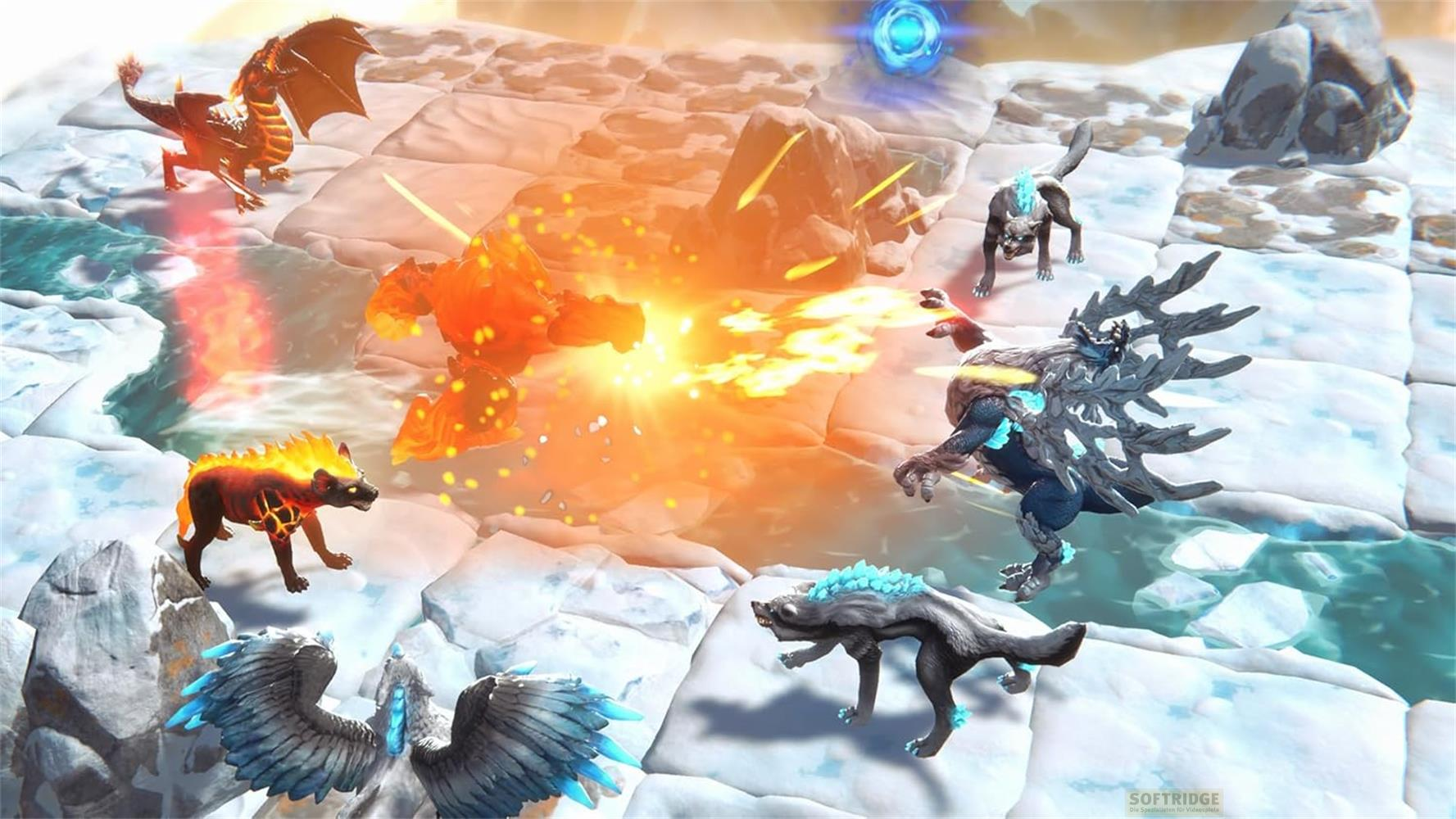 Fünf Fantasy-Kreaturen kämpfen auf eisigem Gelände mit Feuer- und Eisangriffen.