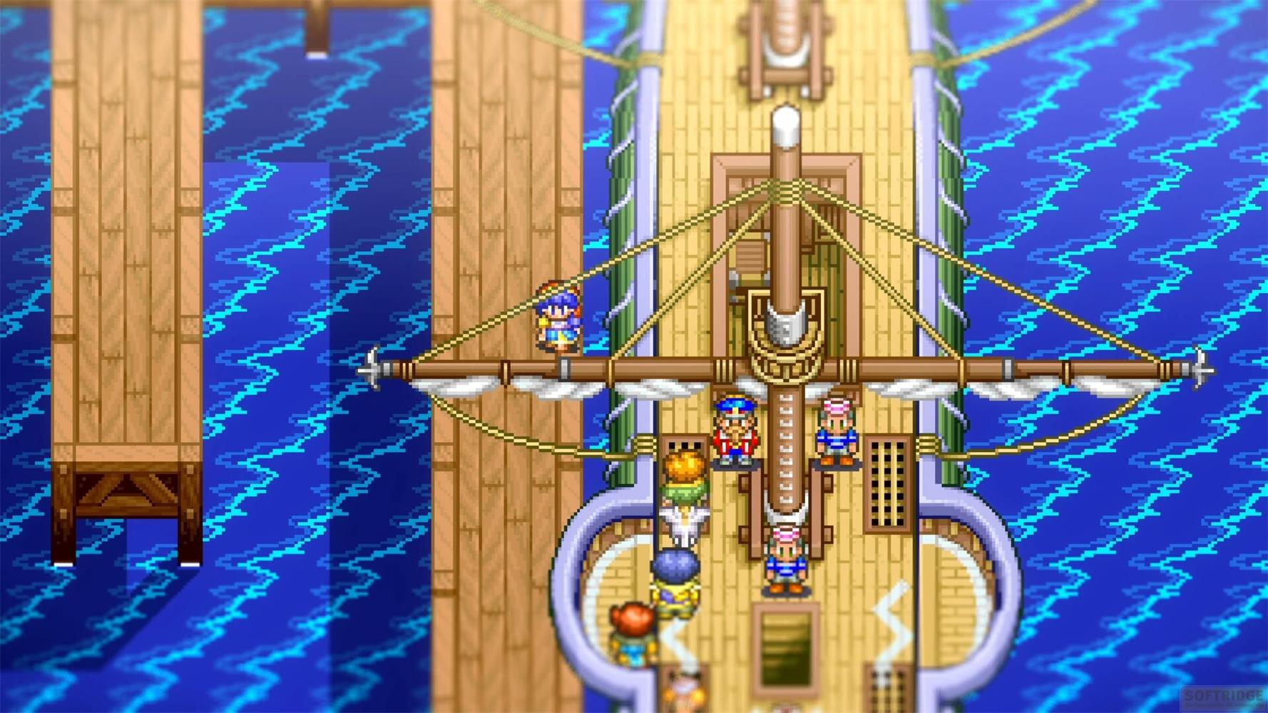 Pixel-Kunst: Figuren stehen auf einem Holzschiff neben einem Pier.