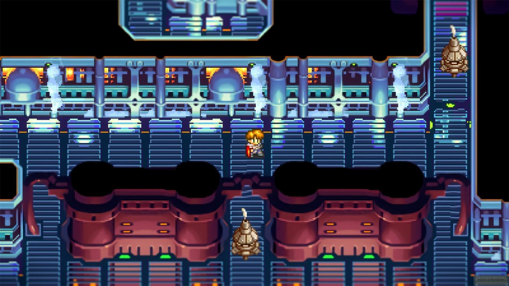Ein Charakter steht auf einer Treppe in einem futuristischen Raum mit blauen Lichtern.
