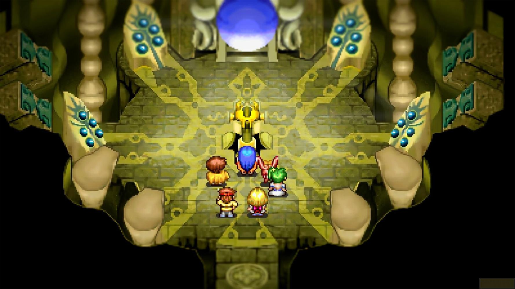 Fünf Pixel-Charaktere stehen in einem goldenen, steinernen Raum mit einem blauen Licht.