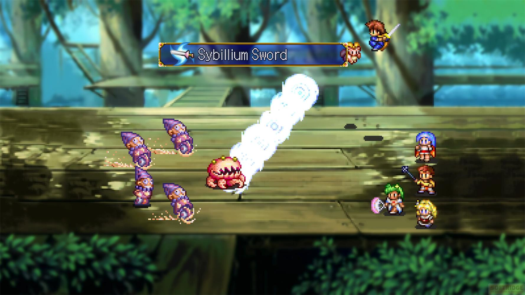 Pixel-Kampfspiel: Charaktere greifen einen roten Gegner an, der einen weißen Energieball abfeuert.