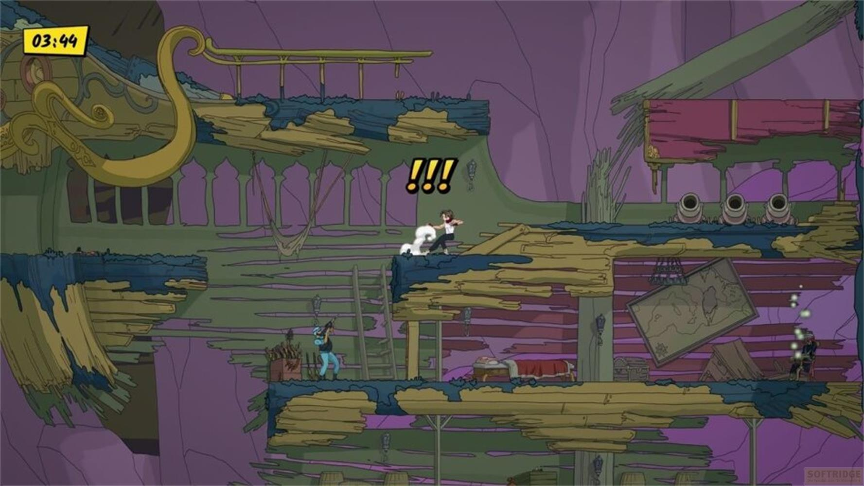 Ein Cartoon-Spiel mit Charakteren auf holzernen Plattformen und einem Zeitlimit von 03:44.