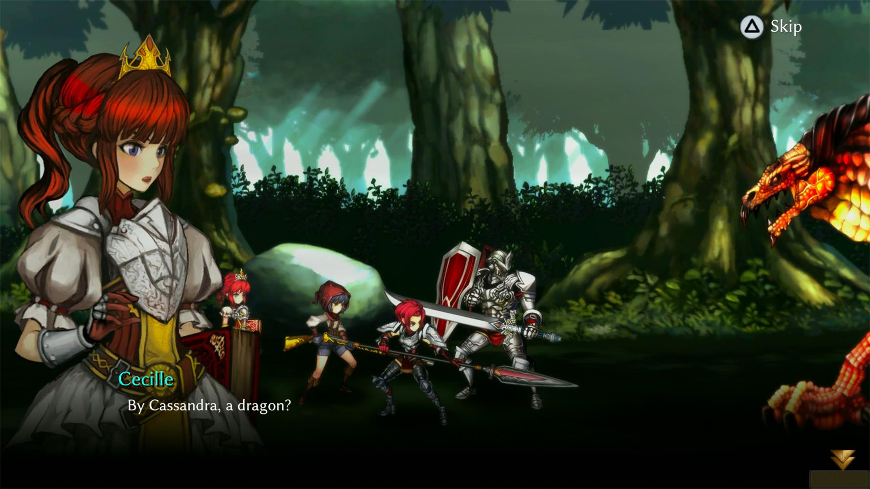 Eine Prinzessin steht vor einer Gruppe von Kriegern und einem Drachen im Wald.