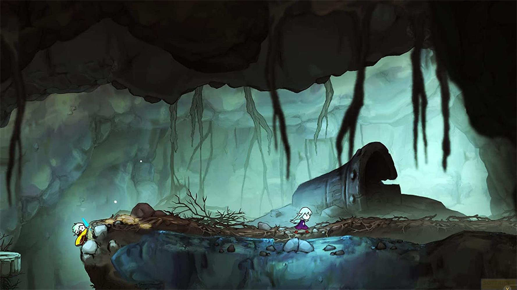 Zwei Charaktere in einer dunklen Höhle mit Wasser und Wurzeln.