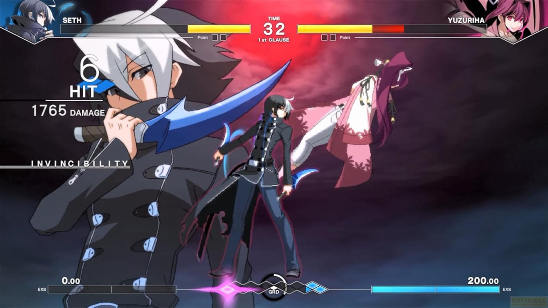 Anime Kampfspiel: Seth gegen Yuzuriha. Seth mit 1765 Schaden, 6 Treffer.