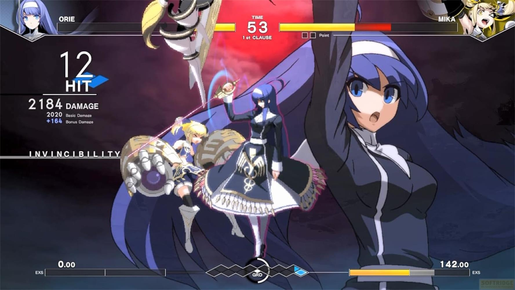 Kampfszene mit Anime-Charakteren. Orie und Mika kämpfen. 12 Treffer, 2184 Schaden.