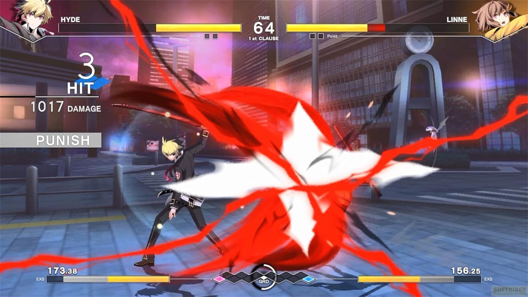 Anime Kampfspiel: Hyde greift Linne mit roten Energieeffekten an.