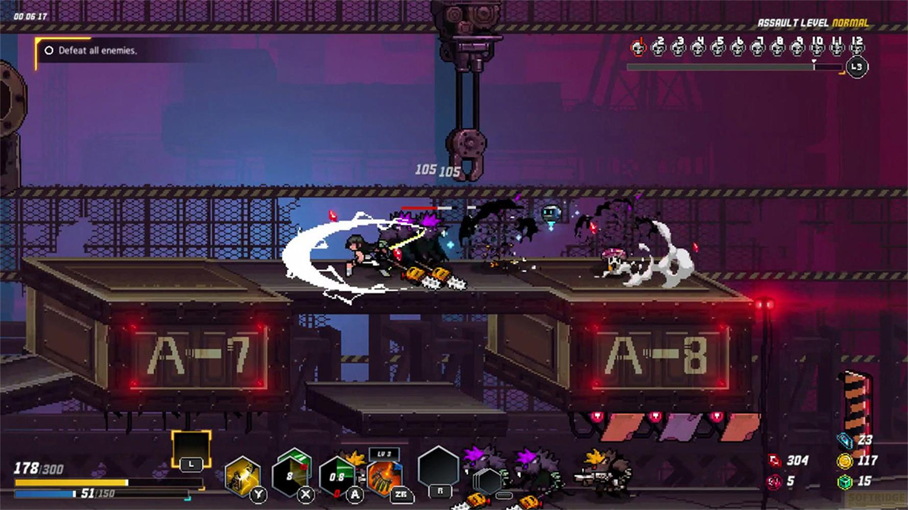 Gioco di combattimento pixel art: Una donna combatte mostri su piattaforme.