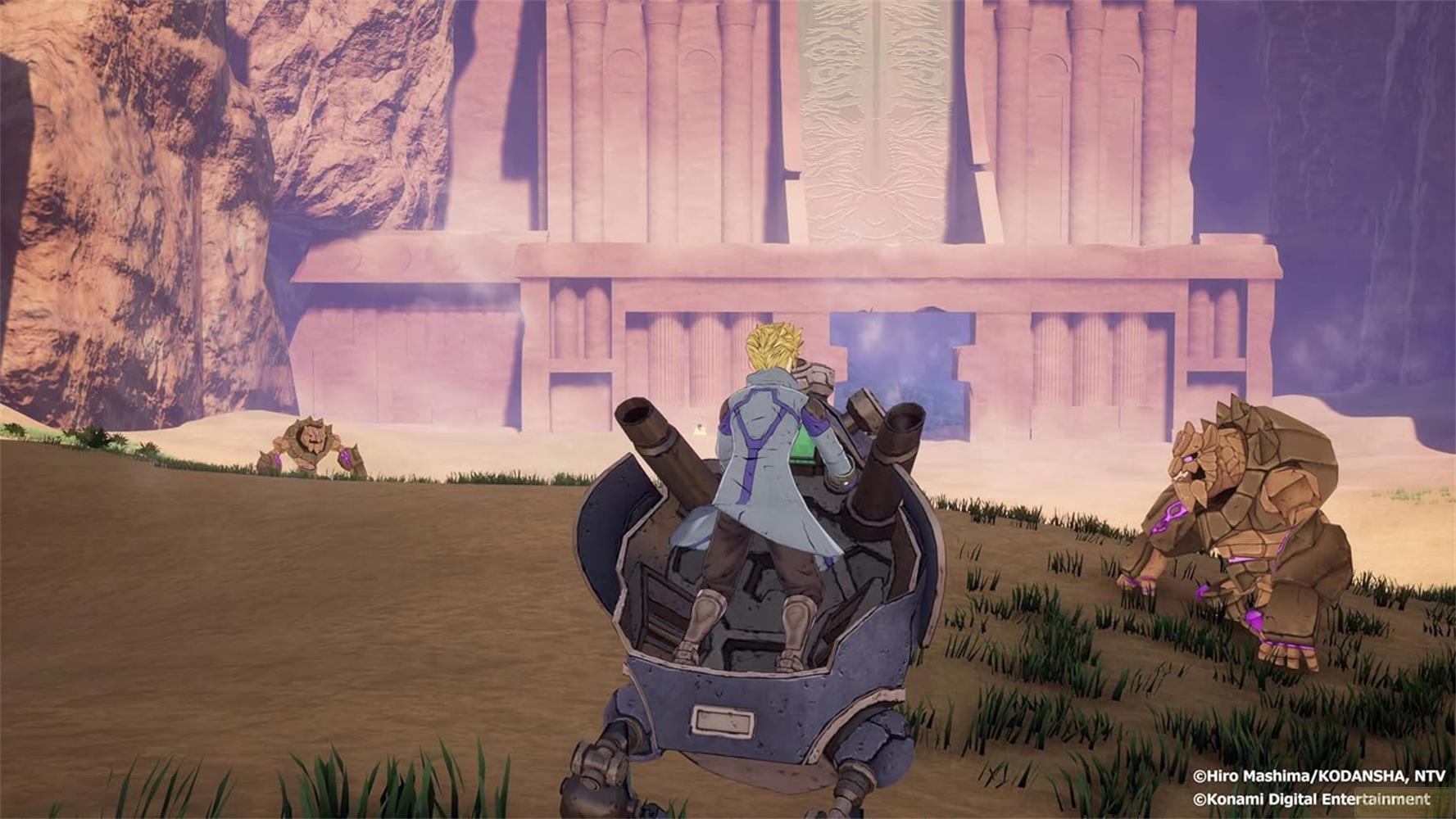 Ein Mann in einem Mech steuert auf eine riesige Steinstruktur zu, umgeben von Felsmonstern.
