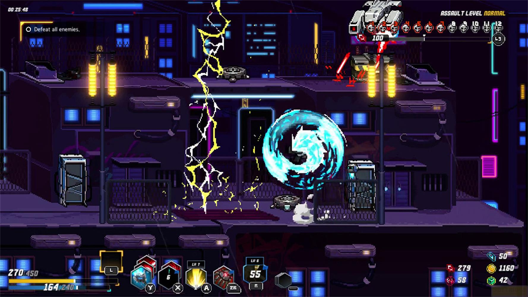 Scena di combattimento pixel art: robot combattono su piattaforme in una città al neon.